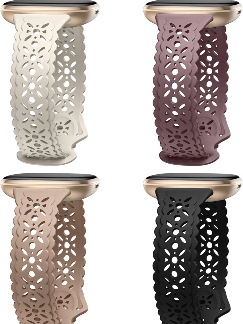 4 Pack Floral Cutout Silicone Watch Bands - Cream, Mauve, Tan, Black